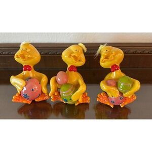 3 Hard Plastic Yellow Chick Figures with Easter Eggs Anthropomorphic 4.5"